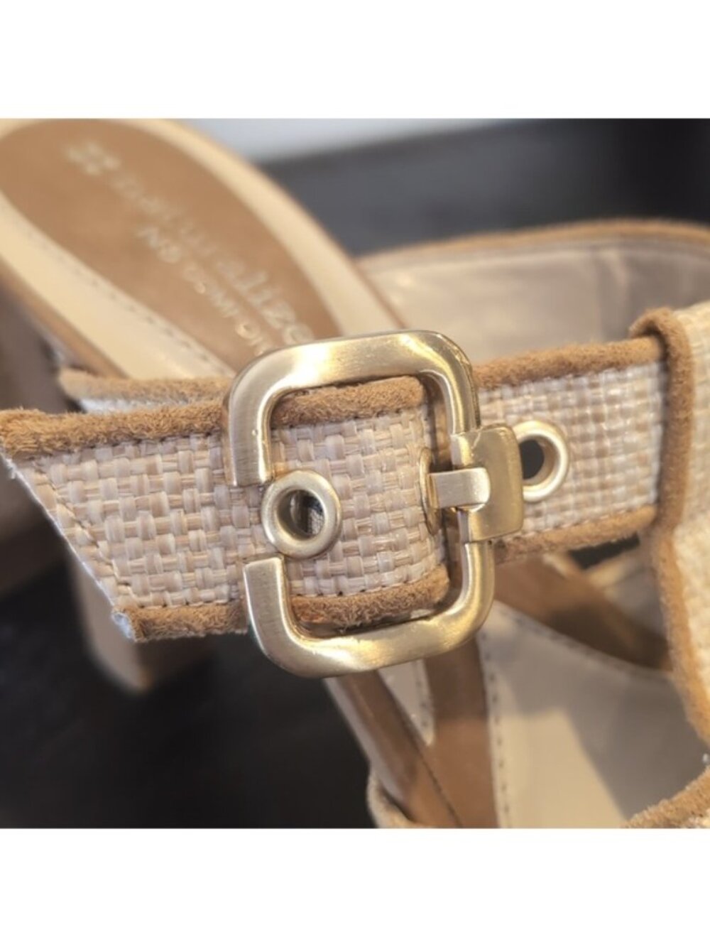 Naturalizer Kole Sandals Tan Woven Buckle Peep Toe Heels N5 Comfort Womens 7 - Picture 9 of 15